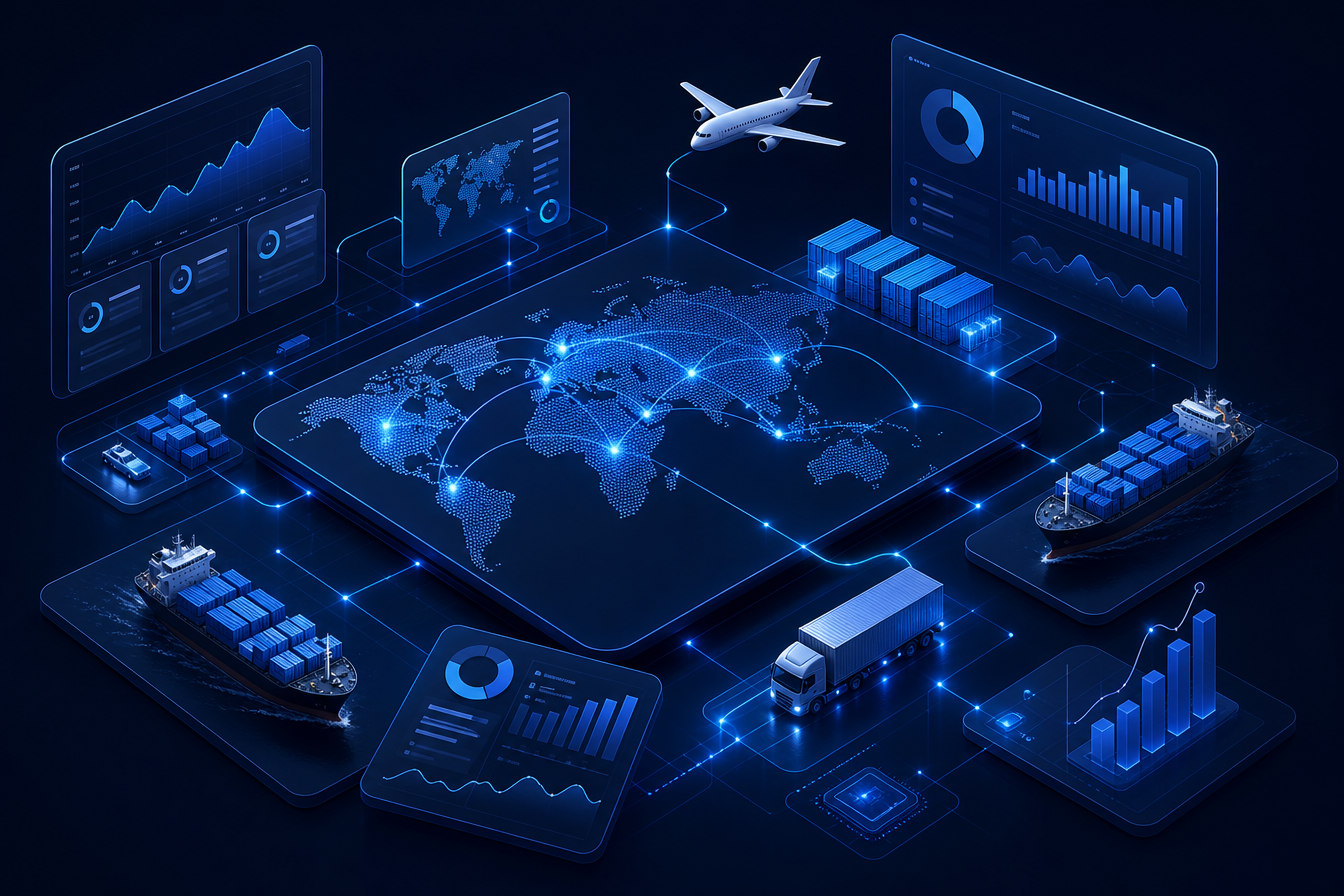 Matchloom supply chain intelligence dashboard connecting shipments, finance and analytics across a world map
